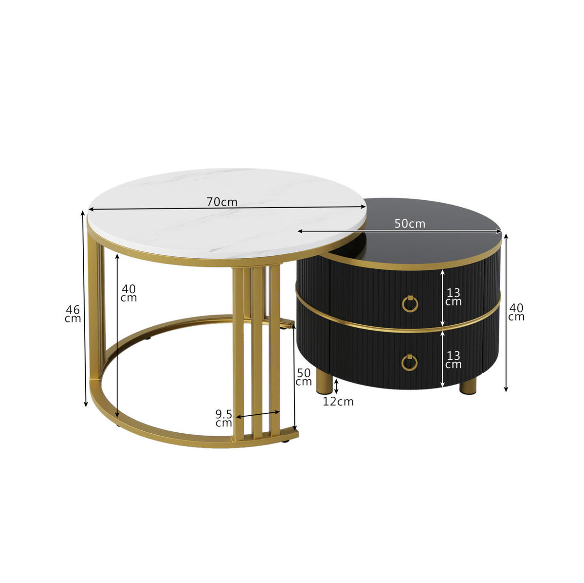COUCHTISCH-SET 70/70/46 + 50/50/40 cm in Schwarz mit Schubladen - Schwarz, Holzwerkstoff (70/70/46cm) - Flora Grace