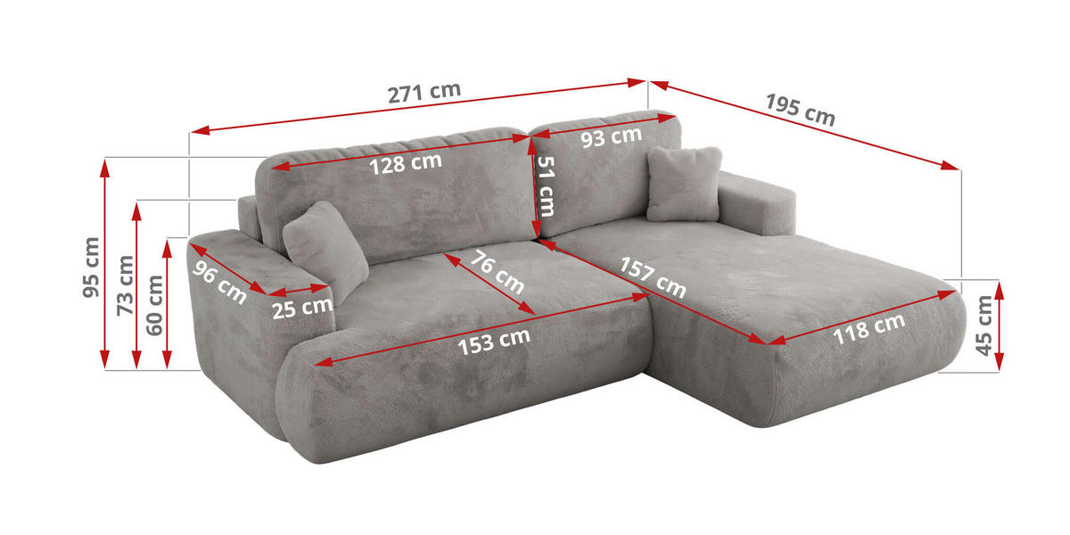 ECKSOFA OVO L Hellgrau Plüsch - Rechts Seite - Hellgrau/Schwarz, Kunststoff/Textil (195/271cm) - MKS