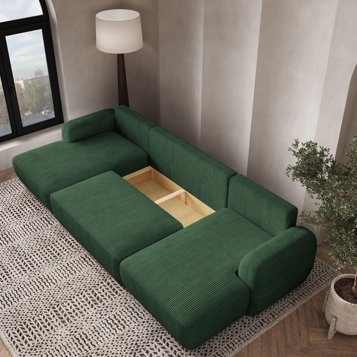 WOHNLANDSCHAFT SAVONA P Grün Kordstoff mit Schlaffunktion - Grün, Holz (320/90/148cm) - MASSENO