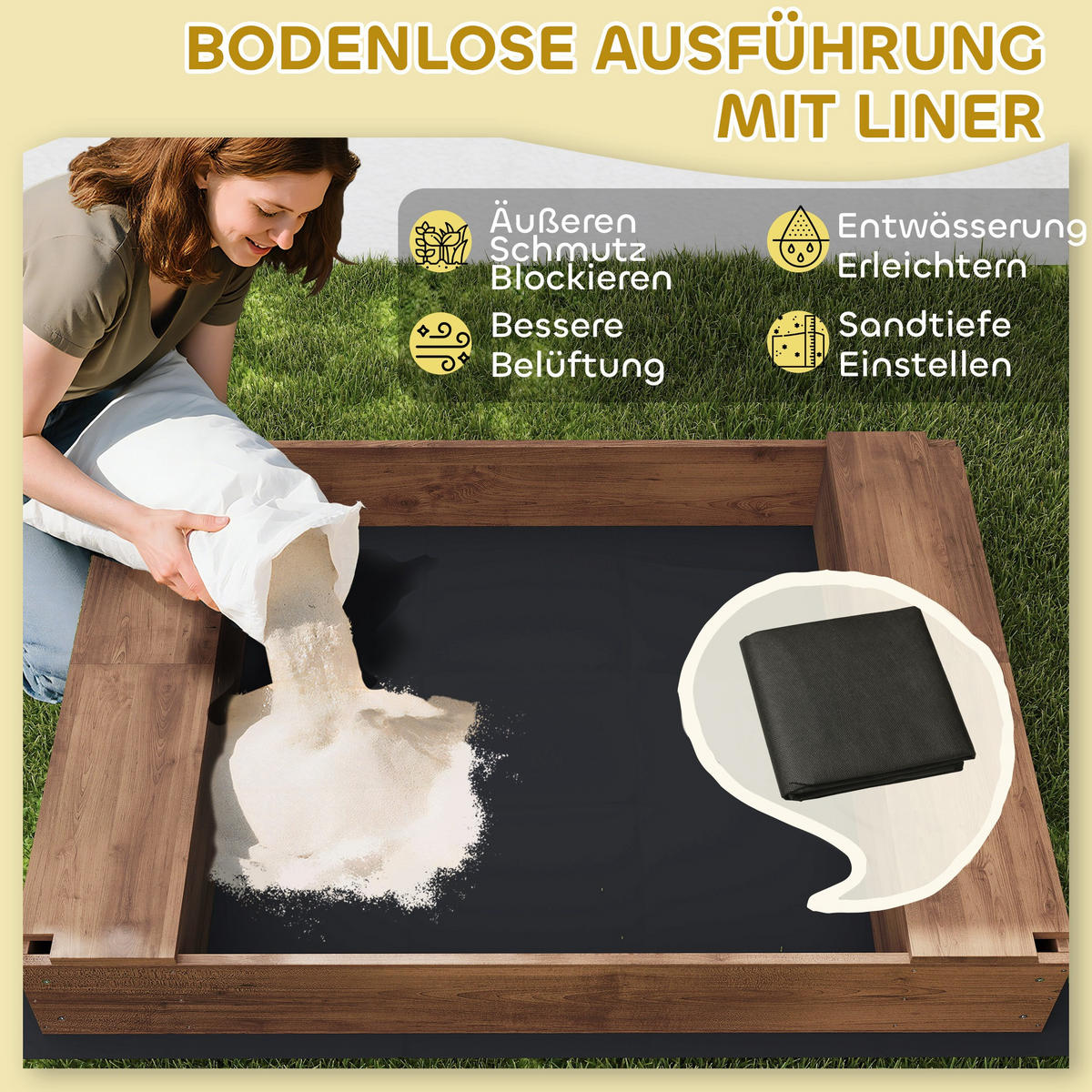 SANDKASTEN mit Vordach und Netztür 142 x 101,5cm Sandkiste aus Holz mit Sitzbank - Braun, Holz (142/101.5/131cm) - AIYAPLAY