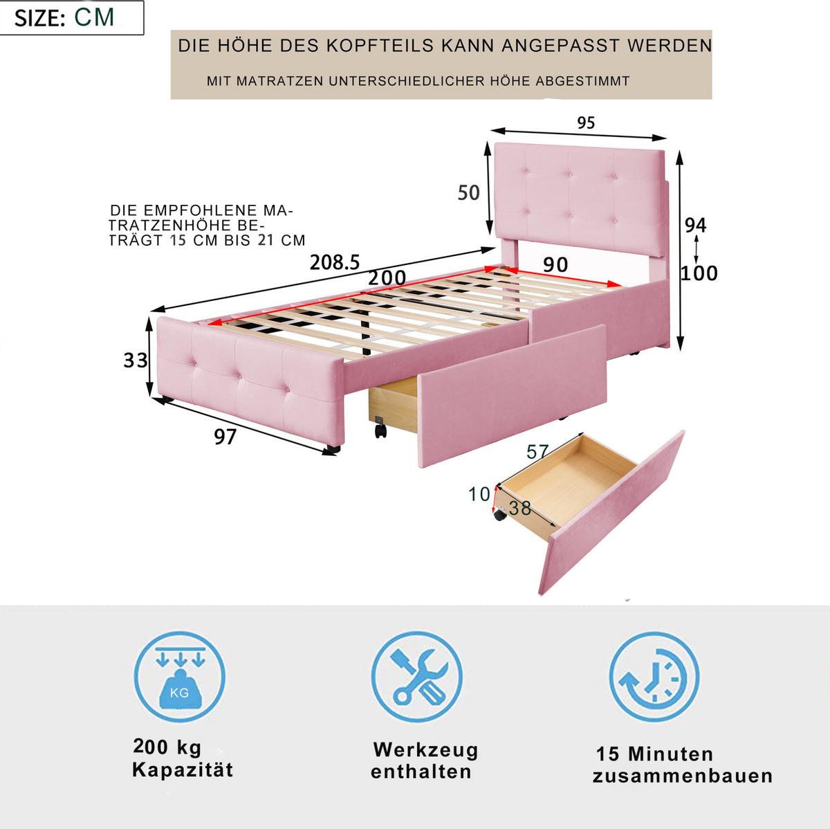 POLSTERBETT 90x200 cm Rosa mit Lattenrost, Kopfteil und Schublade - Rosa, Textil (90/200cm) - IVMEU