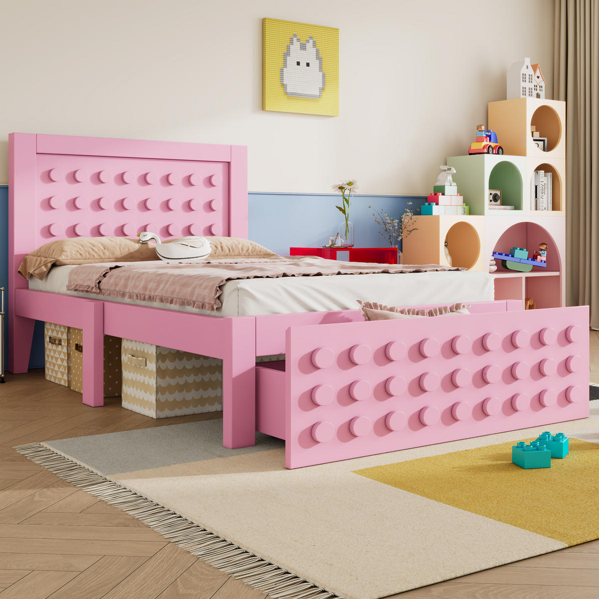 KINDERBETT 90/190 cm Rosa mit kreativem Blockdesign und Stauraum - Pink, Holzwerkstoff (90/190cm) - OKWISH