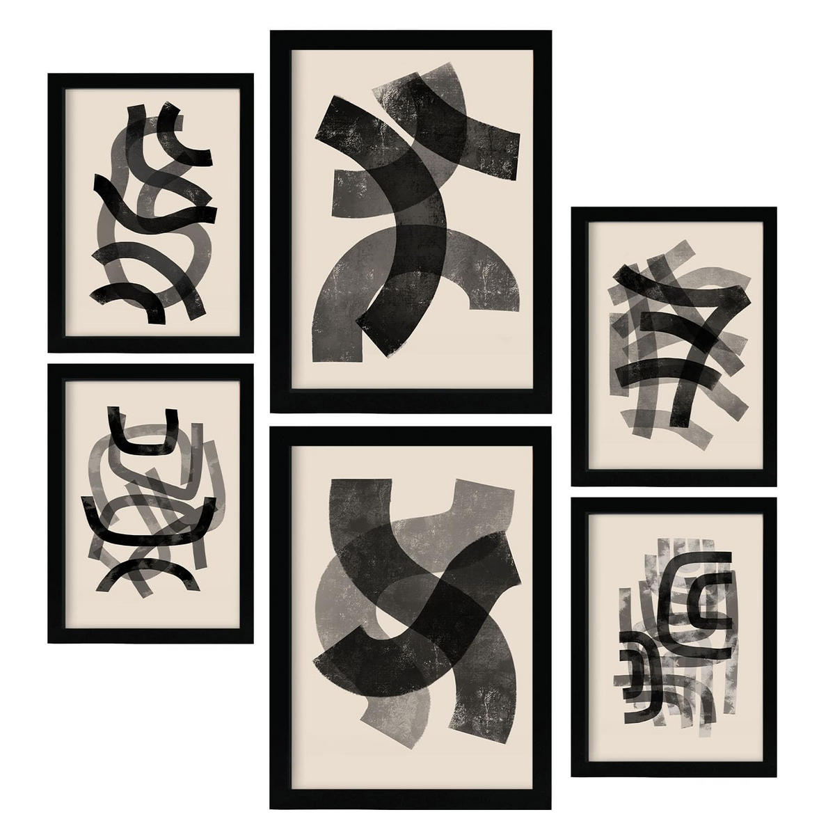 POSTER Set Mit 6 Gekrümmte Frames 1 In Form Abstracts Ästhetische Dekorative Gemälde Für Ihr Wohnzimmer Schlafzimmer Zuhause A3 & A4 Schwarzer Rahmen - Schwarz, Papier (29/3cm) - Nacnic