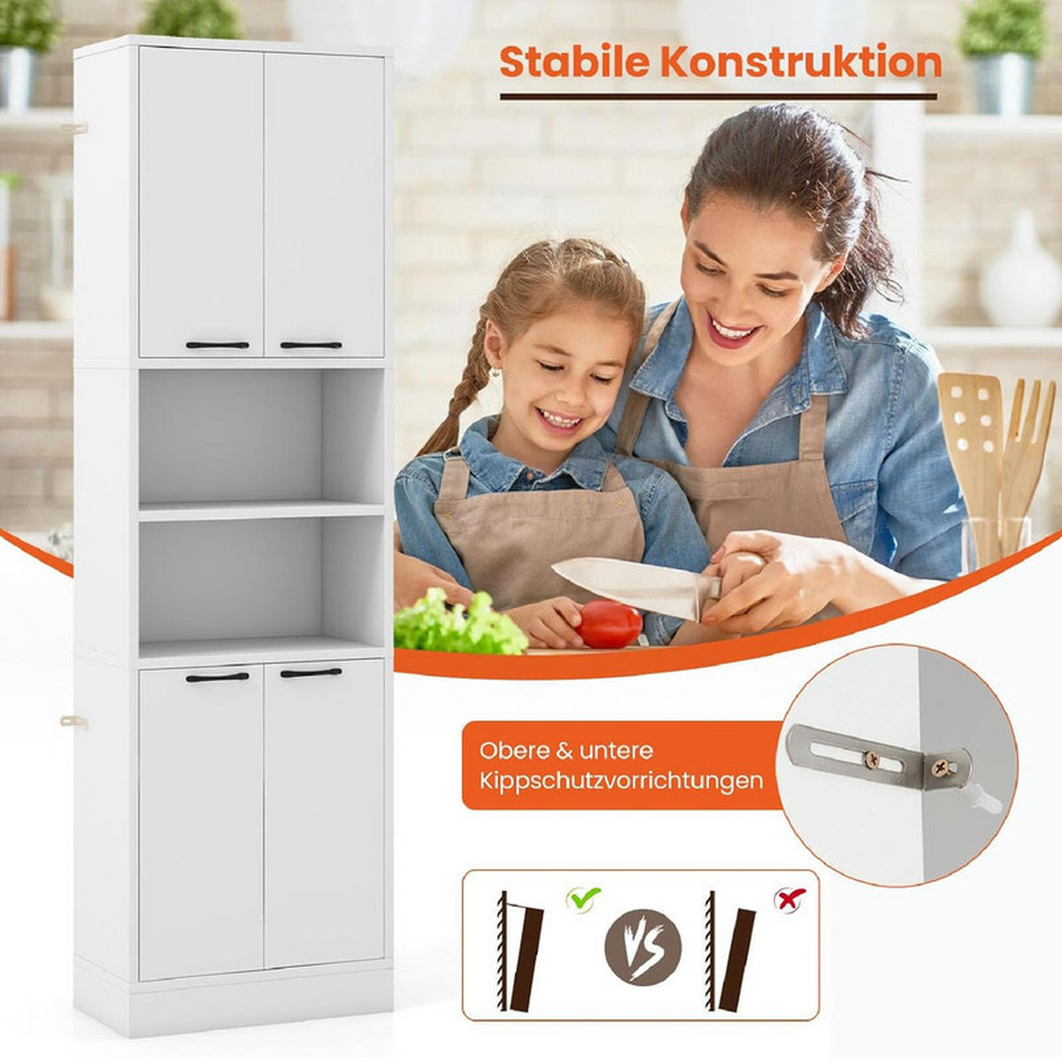 VORRATSSCHRANK mit Türen weiß - Weiß, Holzwerkstoff (56/190/30cm) - COSTWAY
