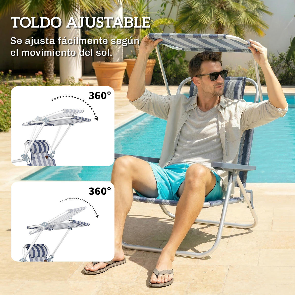 STRANDSTUHL mit sechsfach verstellbarer Rückenlehne und Sonnenschutz, blau-weißes Farbschema - Blau, Metall (62/79/68cm) - Vallsero