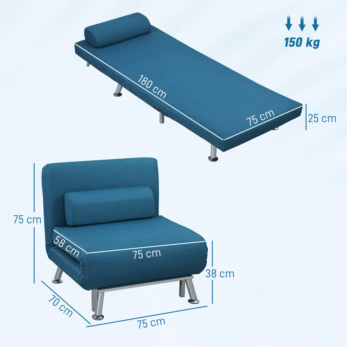 KLAPPBAR Schlafsessel Schlafsofa Klappmatratze Bett Gästebett Blau Sofa - Blau/Silberfarben, Textil/Metall (70/75/75cm) - HOMCOM