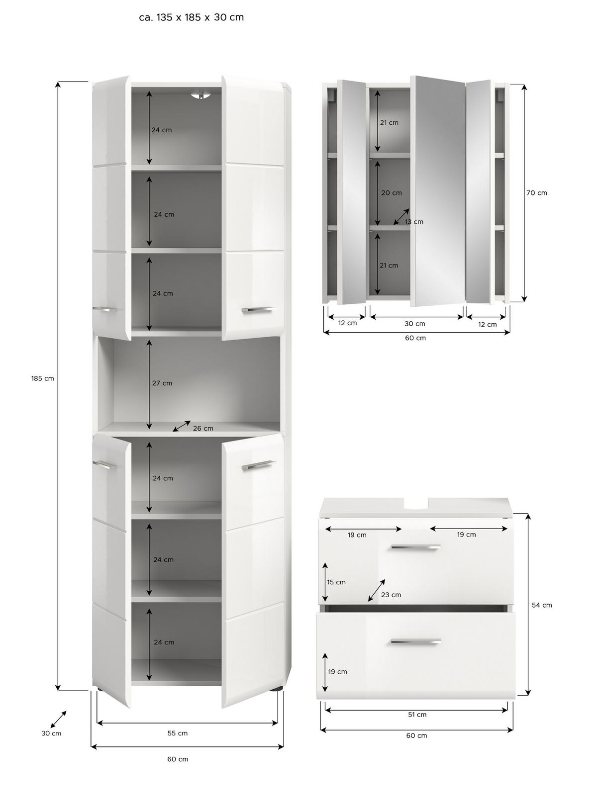 BADKOMBINATION Ice 135x185x30 cm weiß Hochglanz MDF 3tlg. - Weiß, Holz (135/185/30cm)