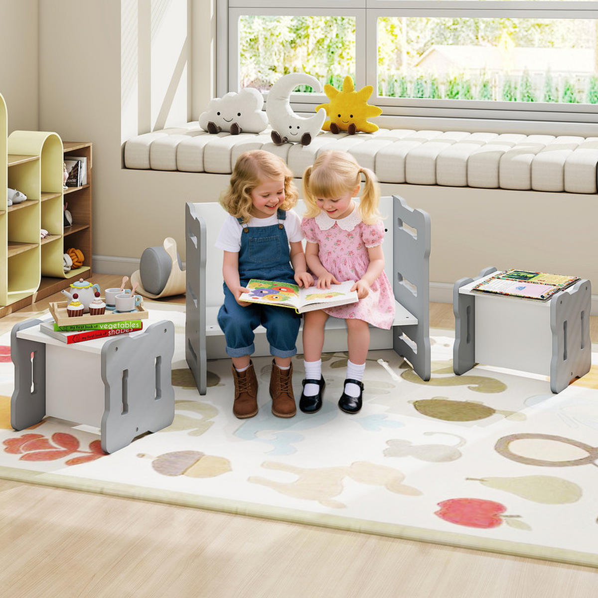 KINDERTISCH mit 2 Stühlen grau(3-tlg) - Grau, Holzwerkstoff (68/52/39cm) - COSTWAY