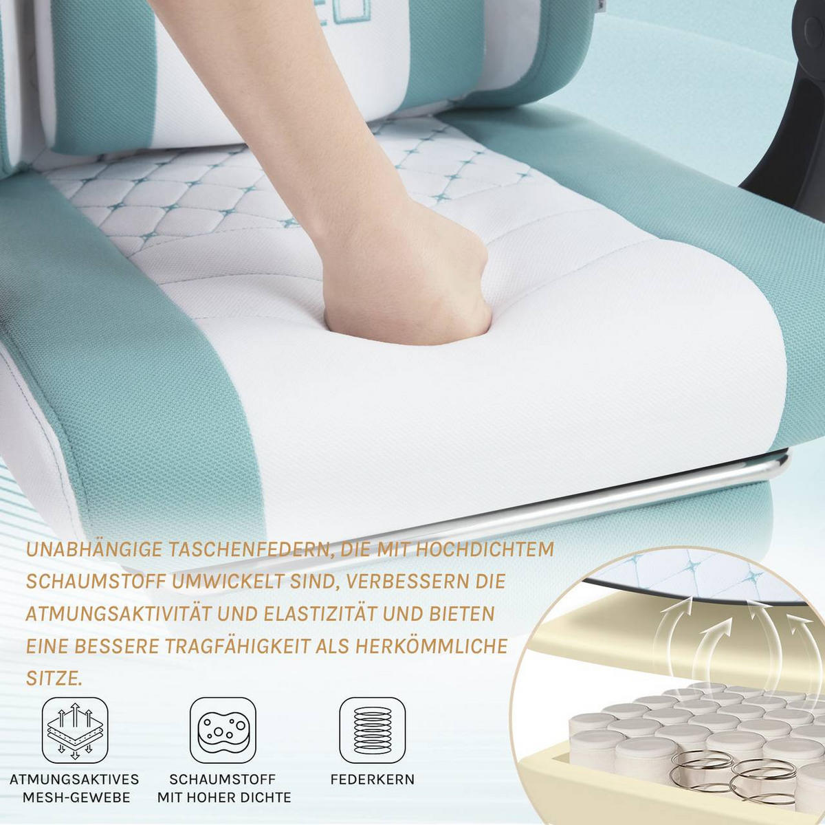 GAMINGSTUHL mit Massagefunktion, Netzstoff, Weiß+Blau - Blau/Schwarz, Textil/Metall (70/127/70cm) - Woltu