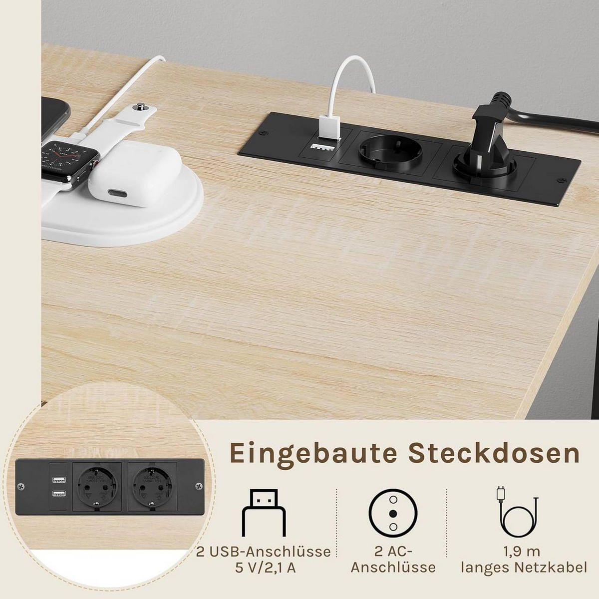 KONSOLENTISCH mit Ladestation, mit Rolle, Helle Eiche - Eichefarben/Schwarz, Holzwerkstoff/Textil (40/80/66cm) - Woltu