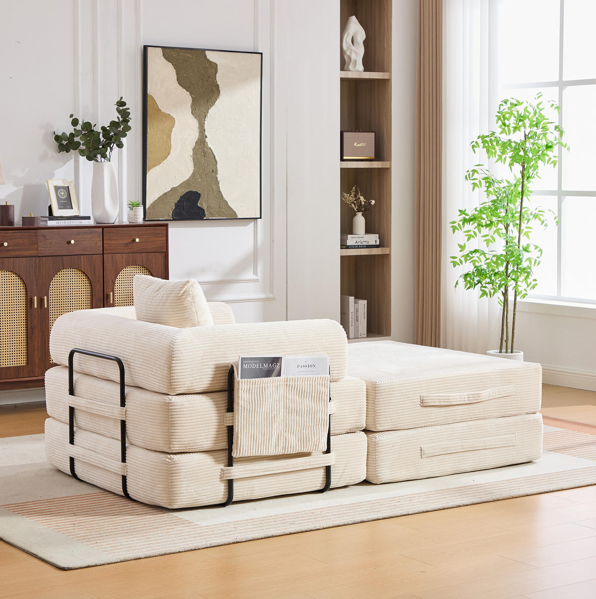 SESSEL mit Hocker 112/190/67 cm montagelos, mit Seitentasche, Kissen und modularem Design, Beige - Beige, Textil (190/67/112cm) - Redom