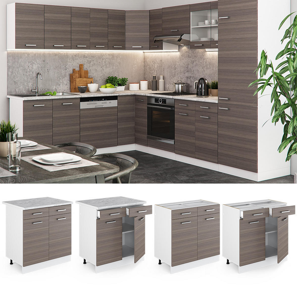 KÜCHENUNTERSCHRANK R-Line Grau 80 cm, AP Eiche - Weiß/Braun, Holzwerkstoff (80/81.6/60cm) - Vicco