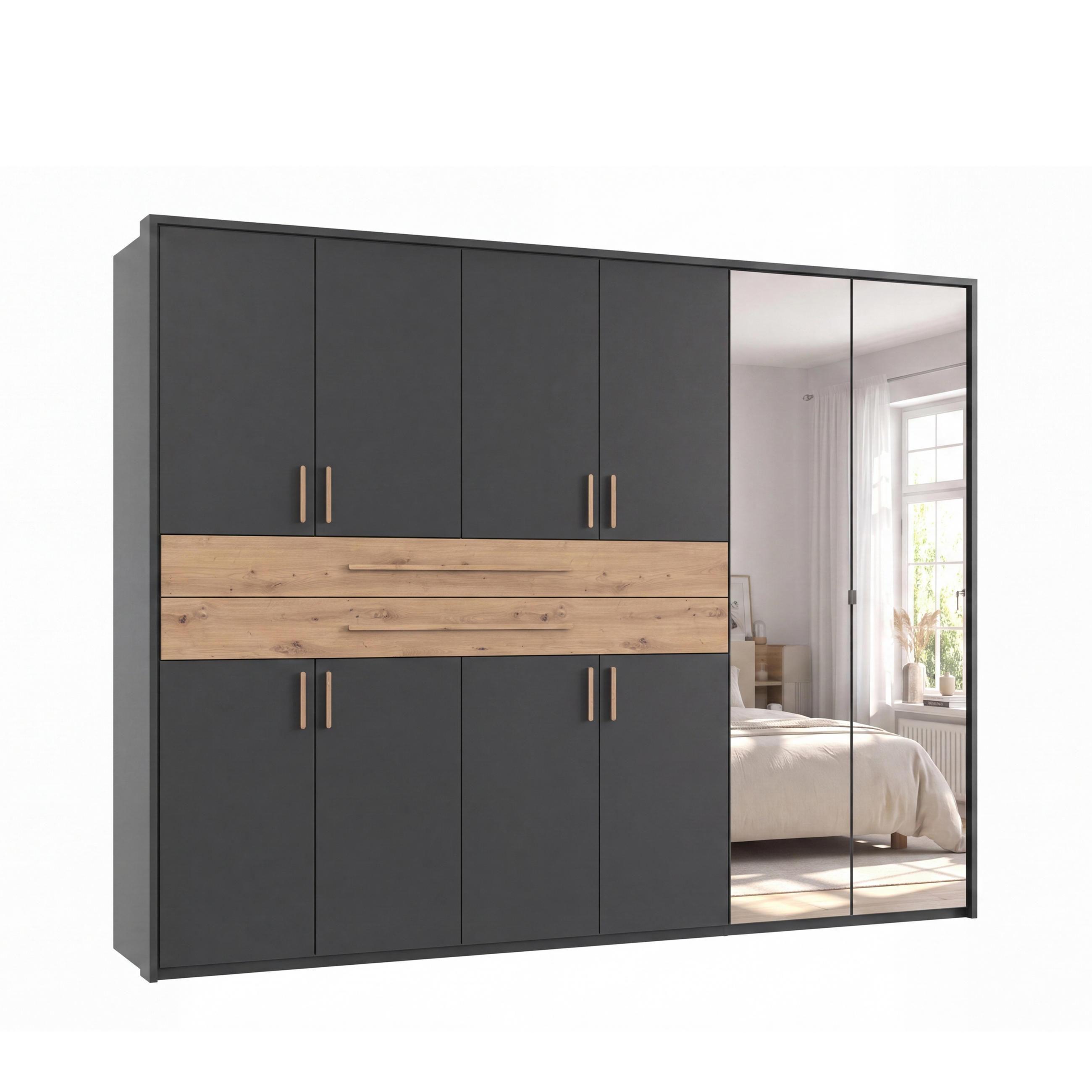 luma-home SKŘÍŇ S OTOČNÝMI DVEŘMI B273/H210/T58 cm v barvě grafit, šatní skříň s paspartou, 2 zrcadly, 2 zásuvkami a úchytkami v dekoru dub Artisan / 