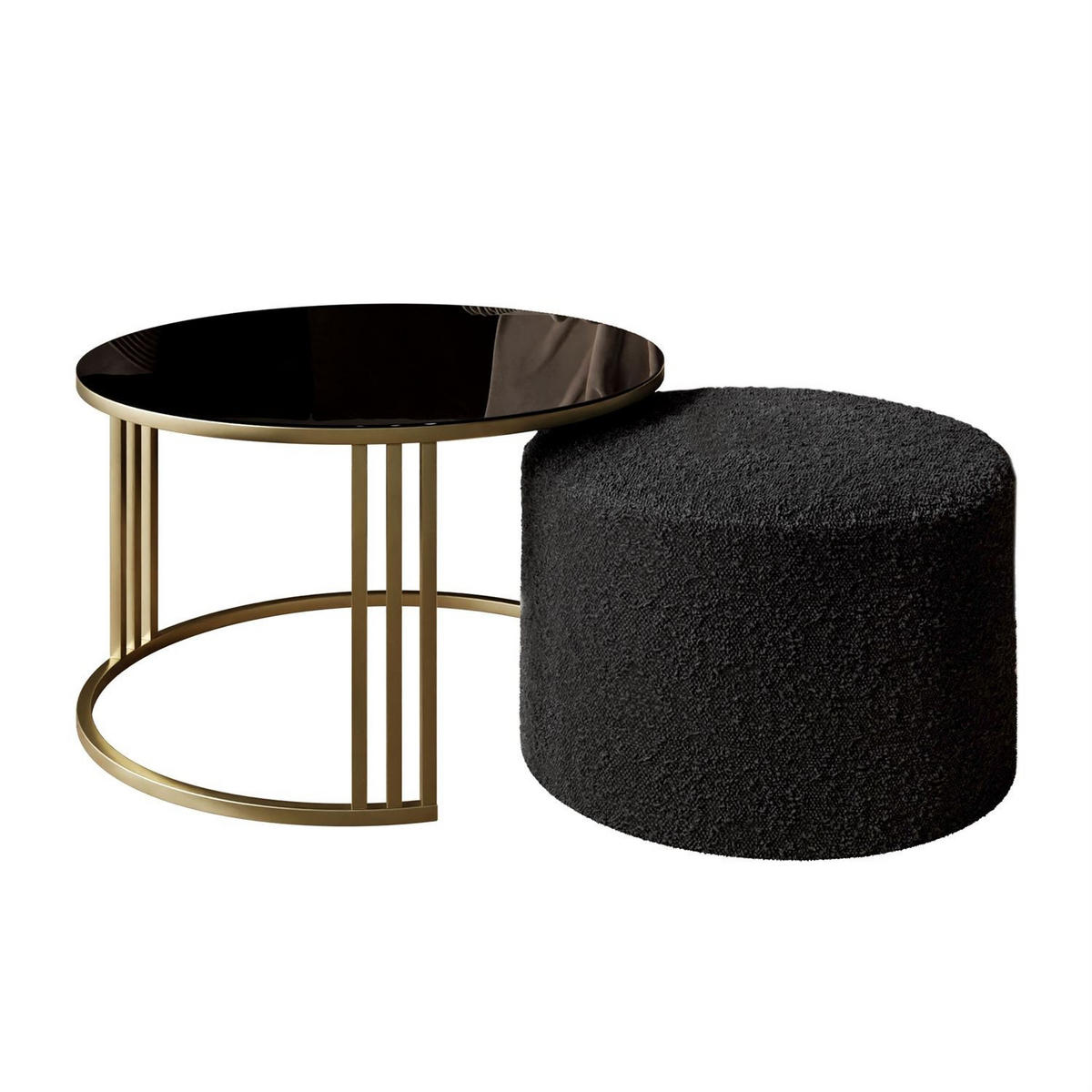 COUCHTISCH mit Hocker LORI GLASS gebürstetes Gold/schwarzes Glas/Coral 60 - Schwarz, Metall (70/70/49cm) - Lookway
