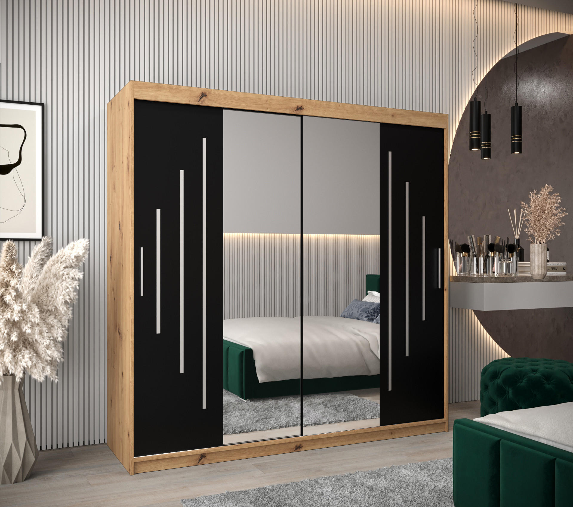 SCHWEBETÜRENSCHRANK 200/200/62 2-türig - Silberfarben/Schwarz, Holz/Kunststoff (200/200/62cm) - Abiks Möbel