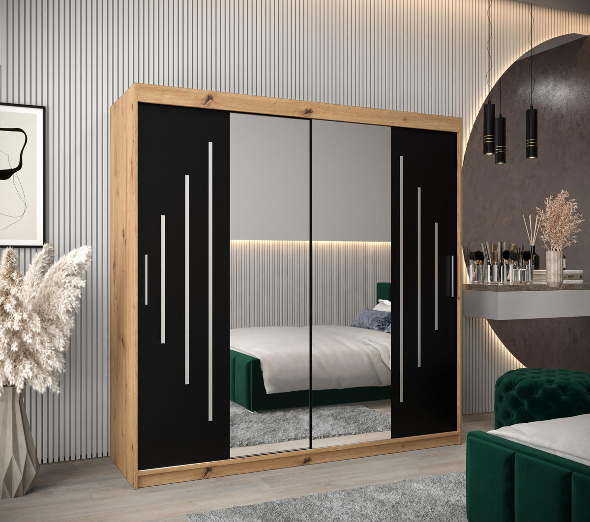 SCHWEBETÜRENSCHRANK 200/200/62 2-türig - Silberfarben/Schwarz, Holz/Kunststoff (200/200/62cm) - Abiks Möbel
