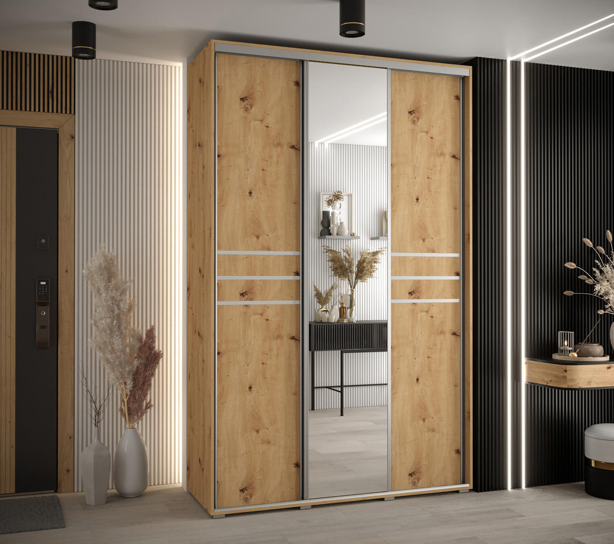 SCHWEBETÜRENSCHRANK 235,2/150/45 3-türig - Silberfarben/Eiche Artisan, Holz/Metall (150/235/45cm) - Abiks Möbel