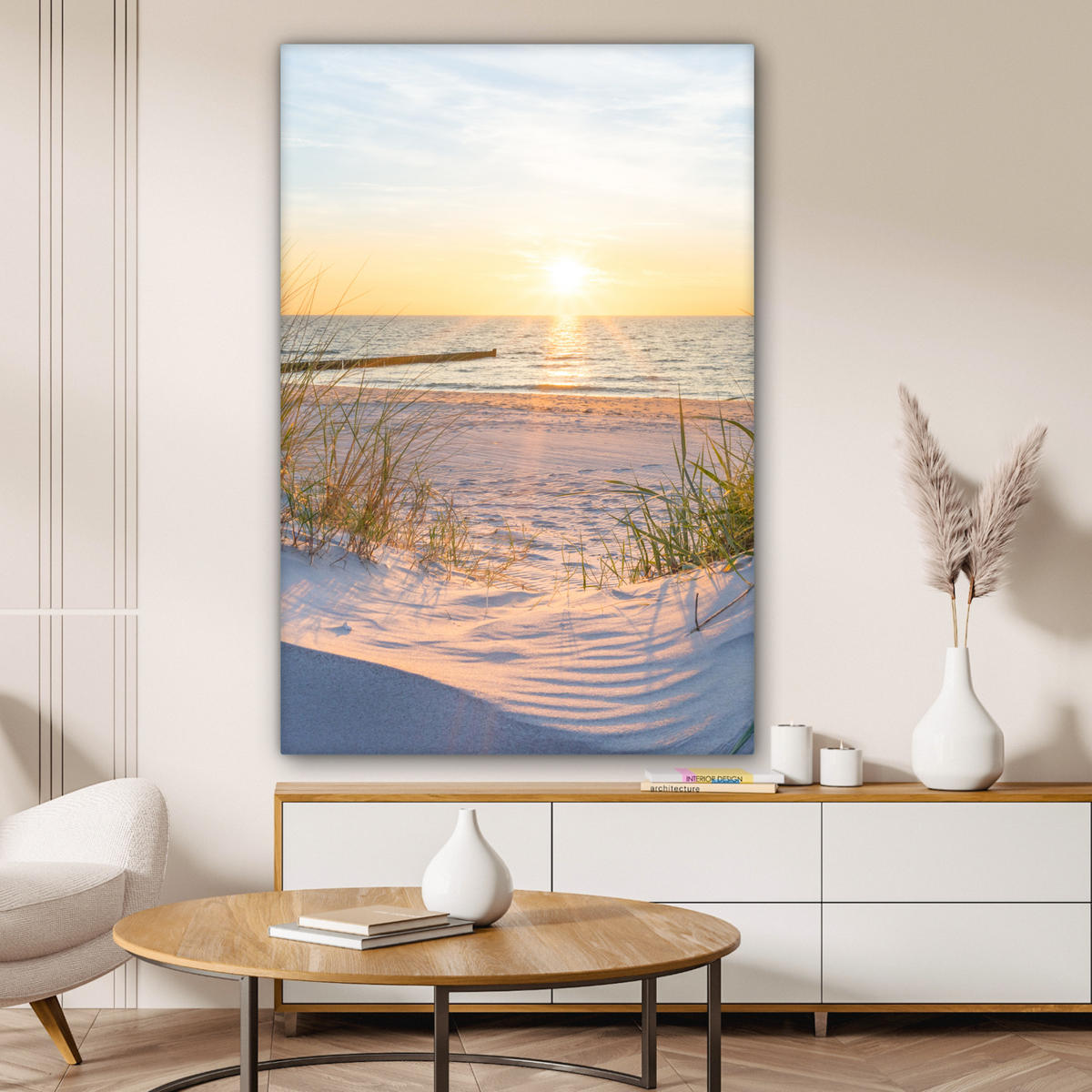 LEINWANDBILD Strand - Sonne - Düne - Gras - Sand - Horizont Deko Groß 90x140 cm - Hellblau, Textil (90/140cm) - MuchoWow