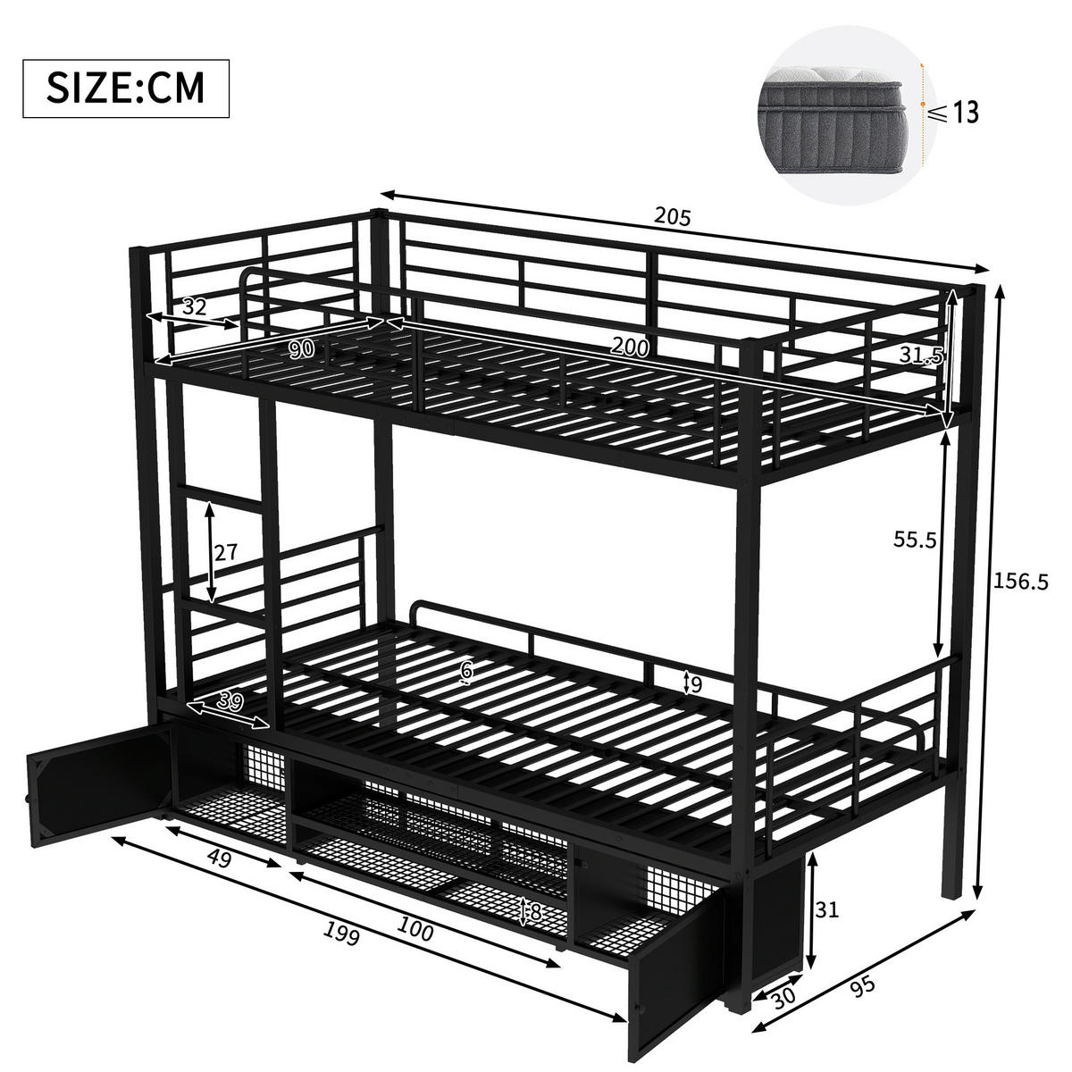 ETAGENBETT 90/200 cm aus Metall mit Schuhablage und 2-türigem Stauraum Schwarz - Schwarz, Metall (90/200cm) - Modenvie