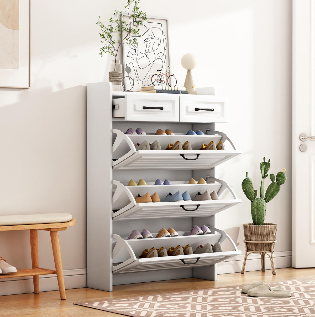 SCHUHSCHRANK mit 3 Klappen und 2 Schubladen 80 x 23,5 x 131 cm Weiß - Weiß, Holzwerkstoff (23.5/131/80cm) - Beauniv