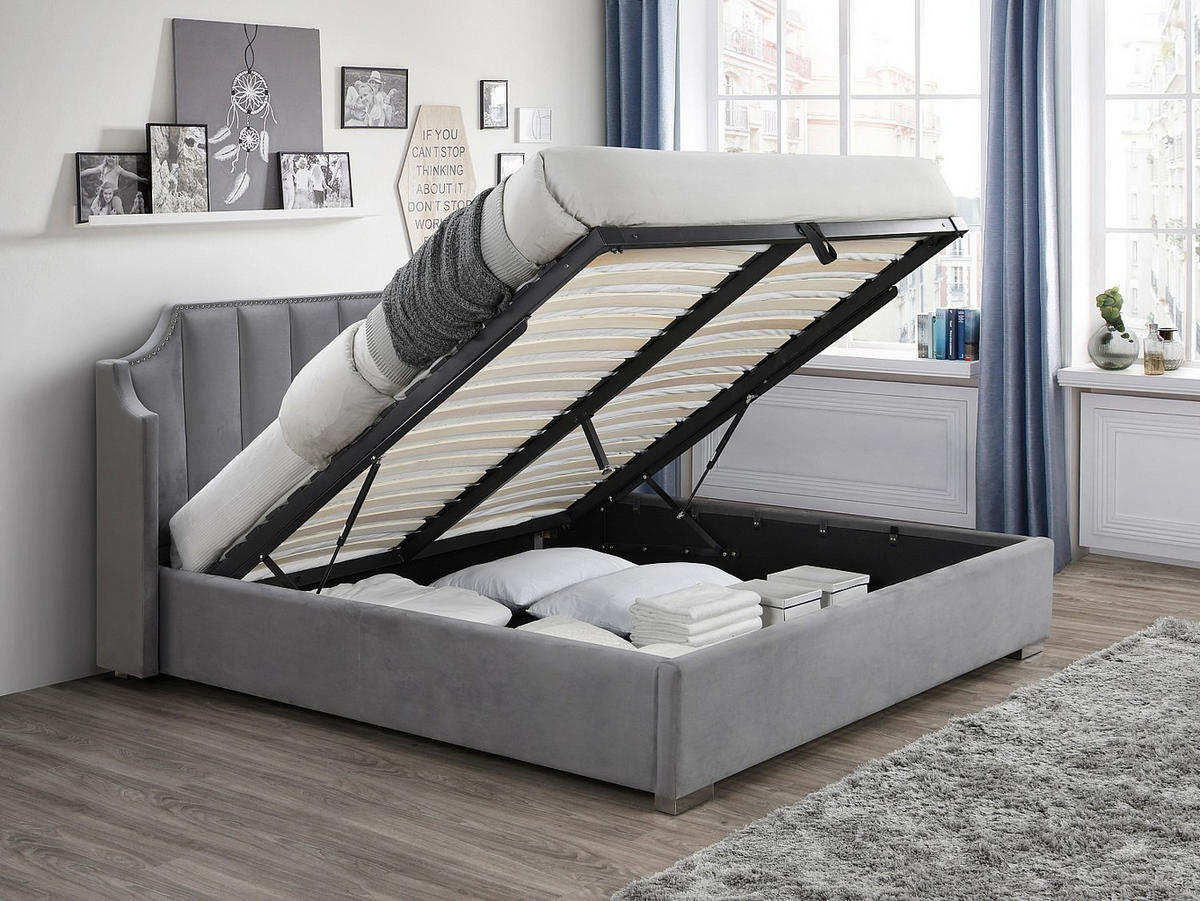 BETT mit Bettkasten - 2 Personen - Samt, Stoff - Hellgrau - - Hellgrau, Textil (140/190cm) - Vente-Unique