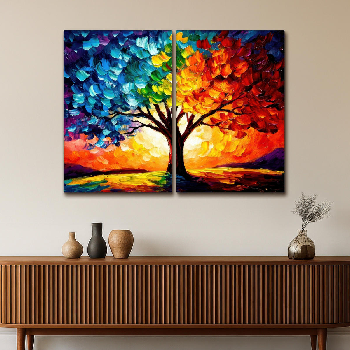 LEINWANDBILD 2er Set Baum - Farbenfroh - Malerei-Look - Abstrakt 120x90 cm - Multicolor, Textil (120/90cm) - MuchoWow