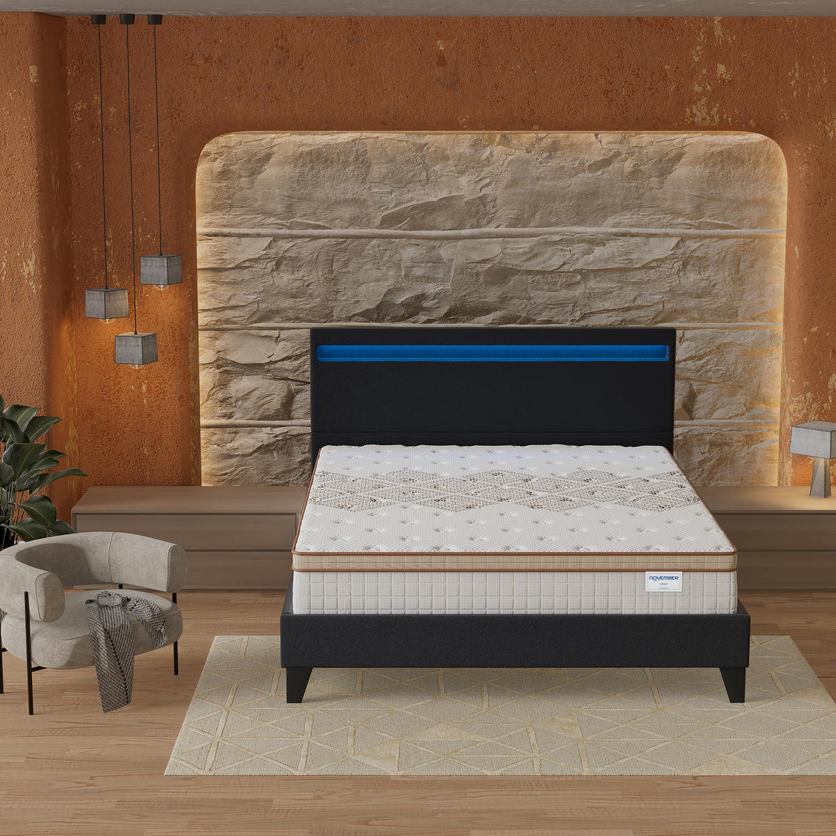 POLSTERBETT und MATRATZE - 140 x 200 cm - Taschenfederkern - 28cm dick - Schwarz, Naturmaterialien/Holz (140/200cm) - November Sleep
