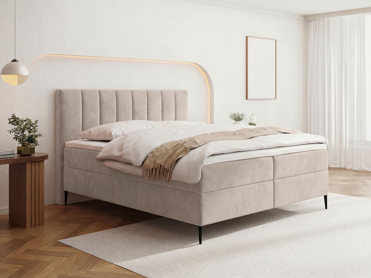 BOXBETT Allen mit Bettkasten, Samt Beige 200x200 cm – inkl. H4 Taschenfederkern Matratze & Foam Topper - Ecru/Beige, Holzwerkstoff/Metall (200/200cm) - WFL GROUP