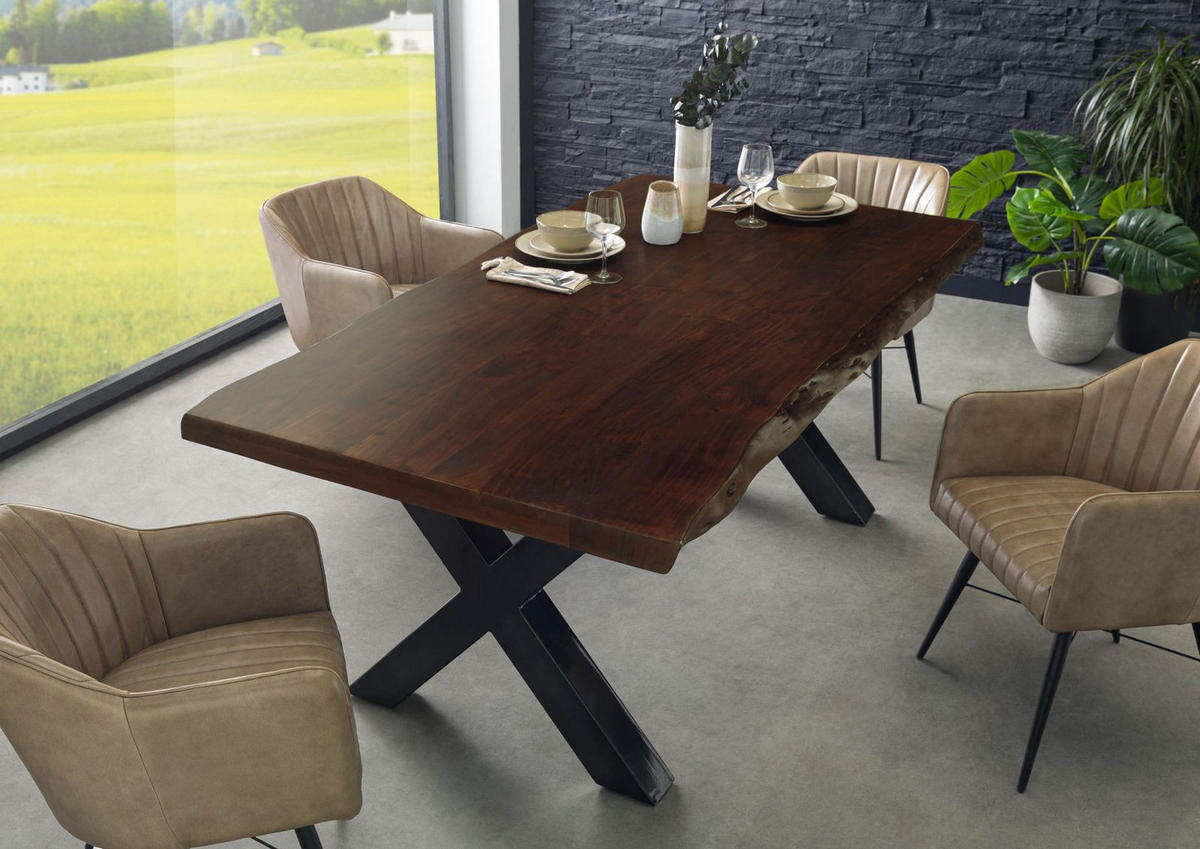 BAUMTISCH Akazie 220x100x77 braun lackiert / X-Beine anthrazit glänzend FREEFORM 5 - Braun, Holz (220/100/77cm) - Massivmoebel24