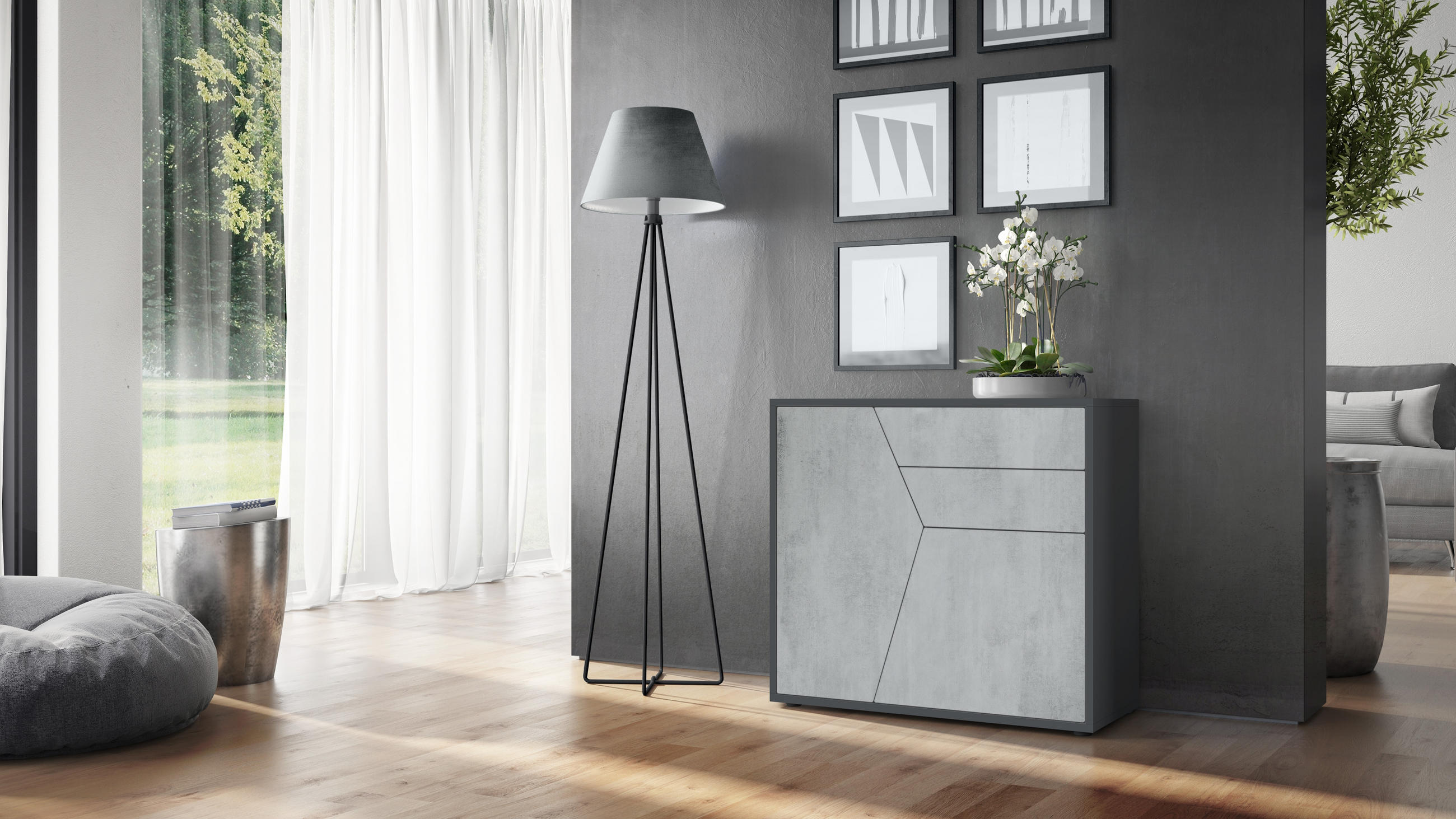 KOMMODE Benny Fronten in Beton Oxid Optik - Hellgrau, Holzwerkstoff (79/74/36cm) - Vladon