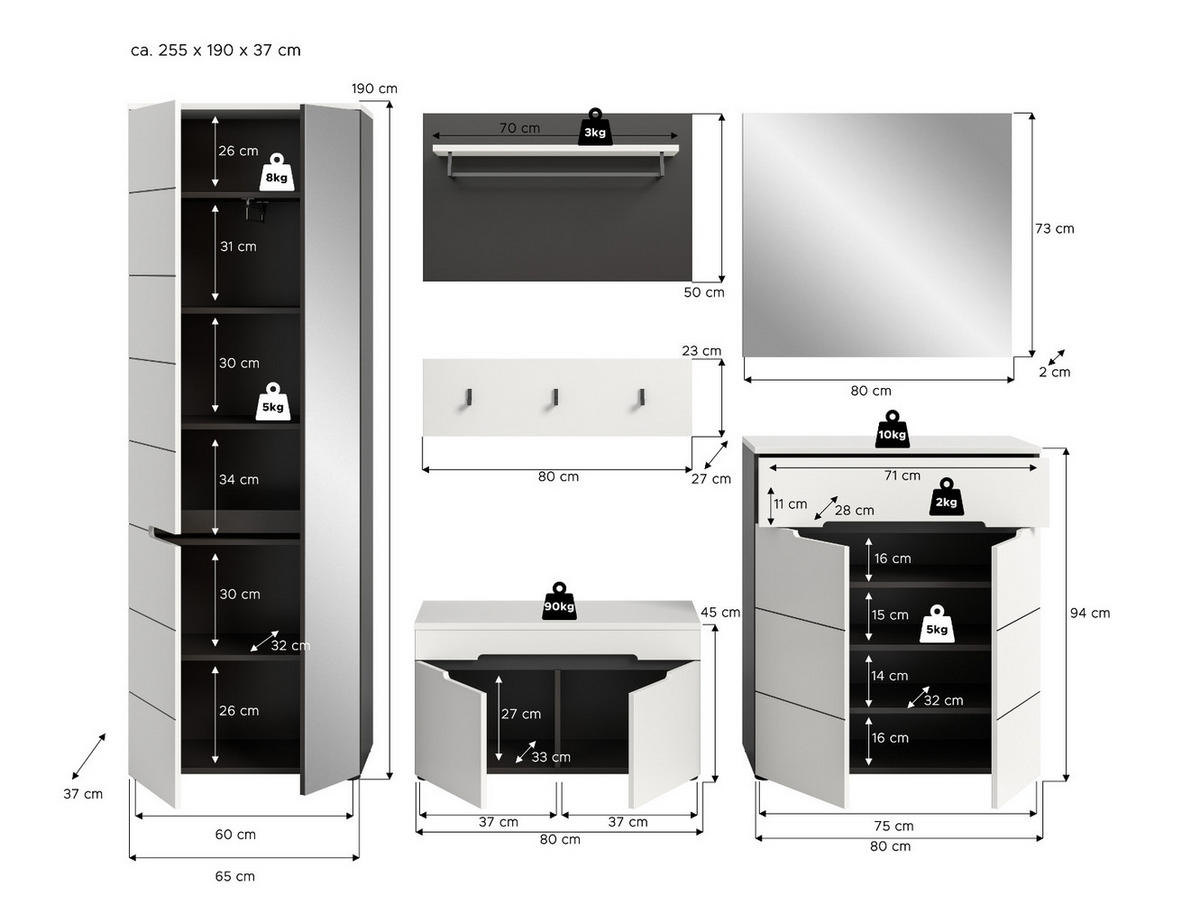 GARDEROBEN-SET 6-teilig in weiß, grau 255 cm, Komplettset mit Soft-Close, Cooper - Schwarz/Weiß, Glas/Holzwerkstoff (255/190/37cm) - Inn.Furn