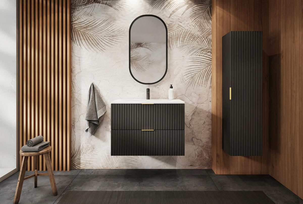 WASCHBECKUNTERSCHRANK mit Regal Schwarz matt/Eiche 100/57/46 cm - Eichefarben/Schwarz, Holzwerkstoff (100/57/46cm) - Rodan