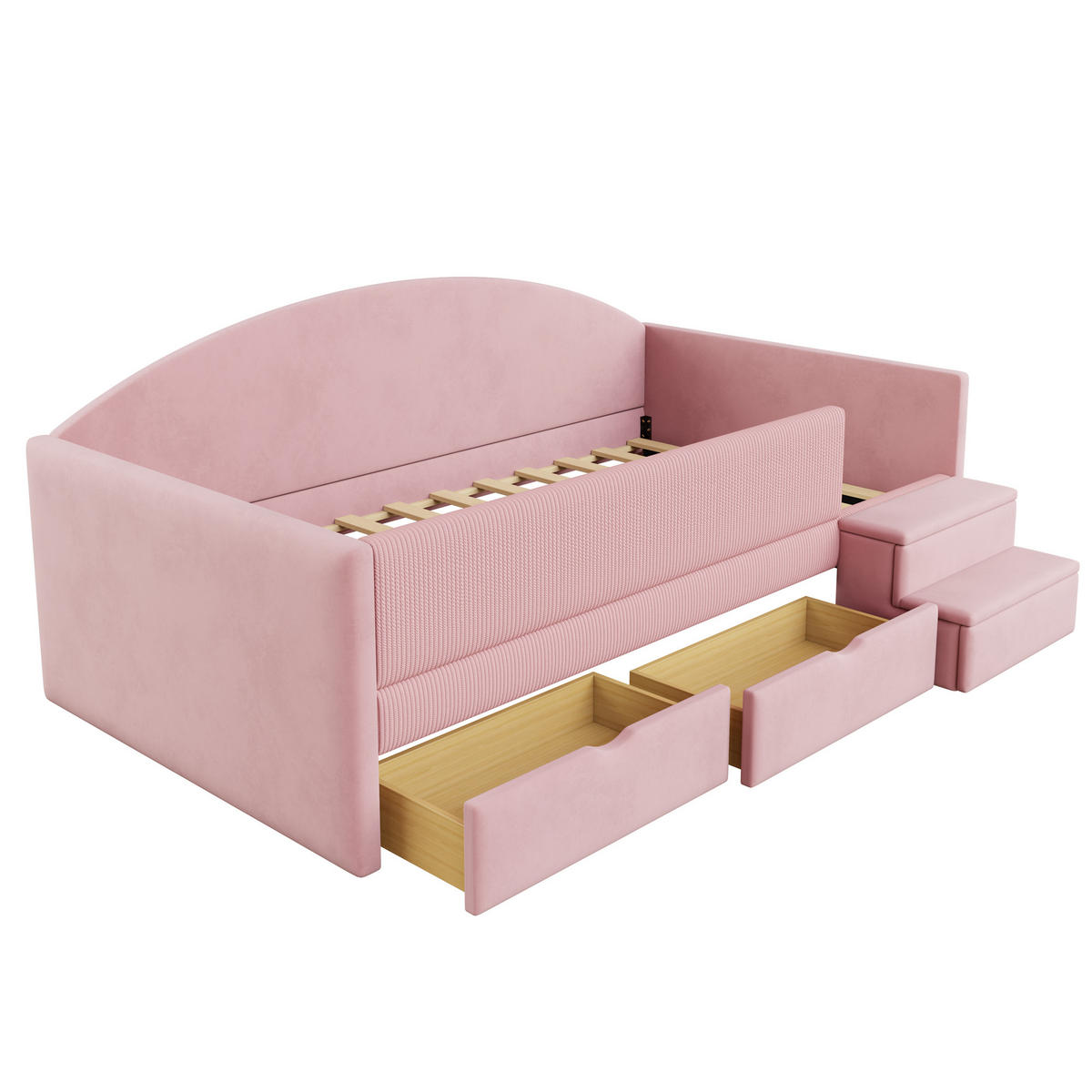 KINDERBETT 90/190 cm in Rosa Samt mit 2 Schubladen und Stufen - Rosa, Holzwerkstoff/Textil (90/190cm) - WISHDOR