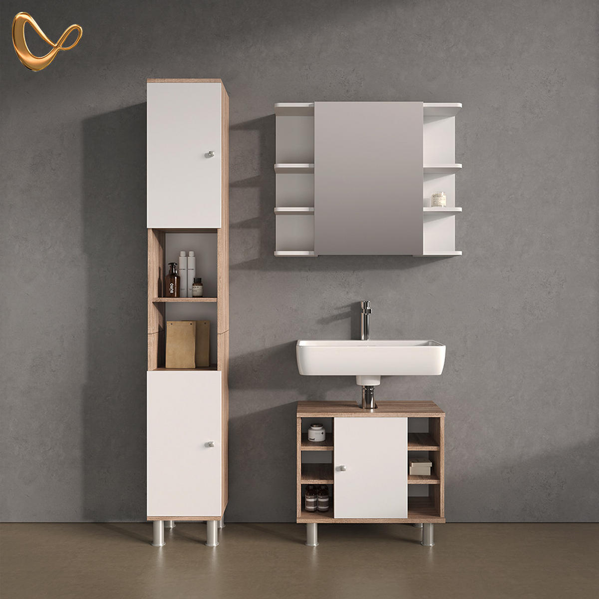 BADSCHRANK Fucino Sonoma 30 x 190 cm - Weiß/Sonoma Eiche, Holzwerkstoff (30/190/30cm) - Livinity®