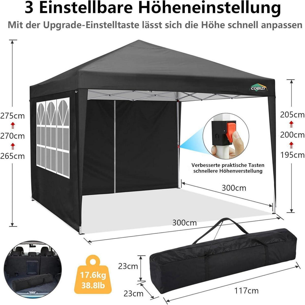 PAVILLON 3 x 3 m Schwarz mit 4 Seitenteilen - Schwarz, Textil (300/260/300cm)