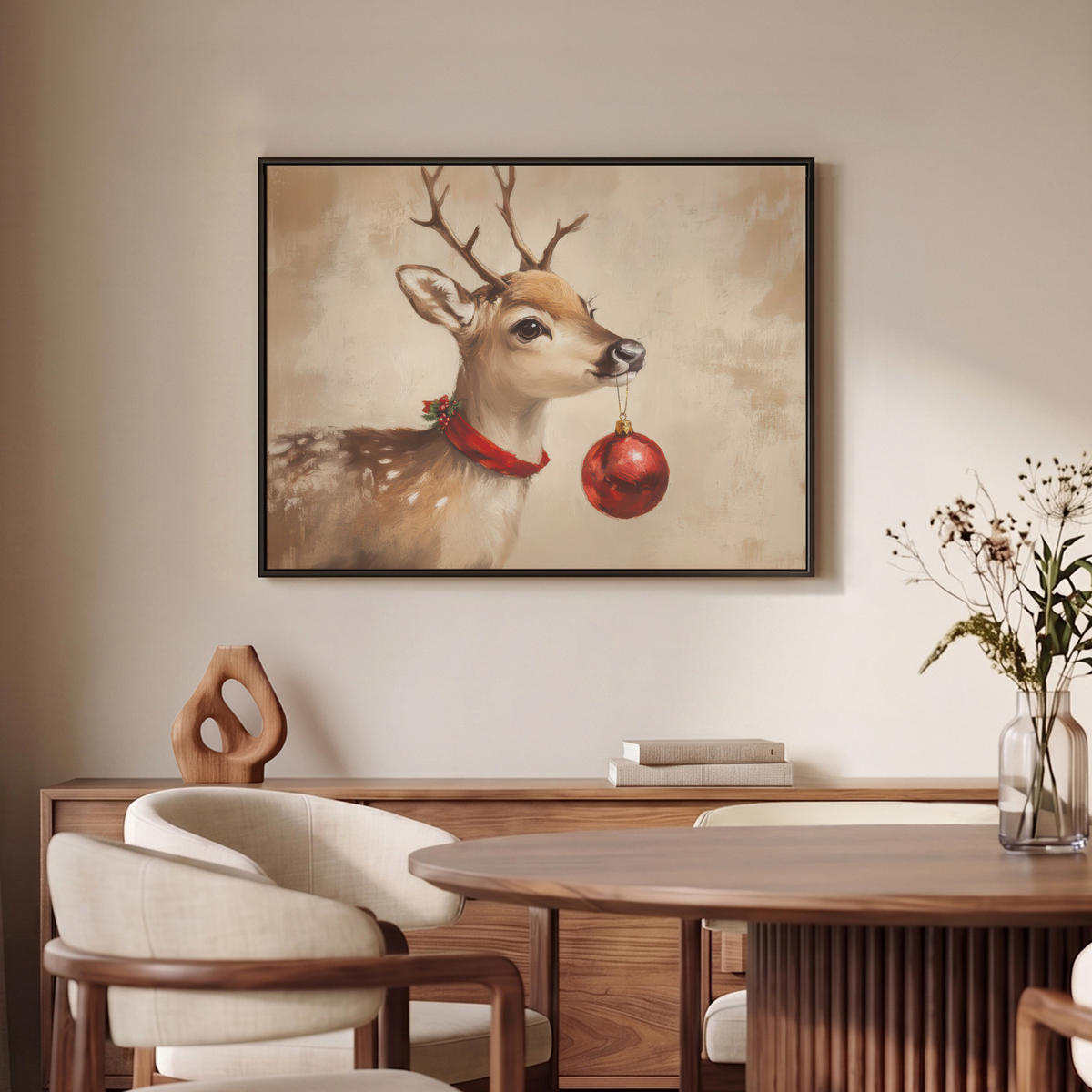 LEINWAND Bilder mit Rahmen - Weihnachten - Hirsch - Geweih - Weihnachtskugel - Rentier - 80x60 - Hellbraun, Textil (80/60cm) - MuchoWow