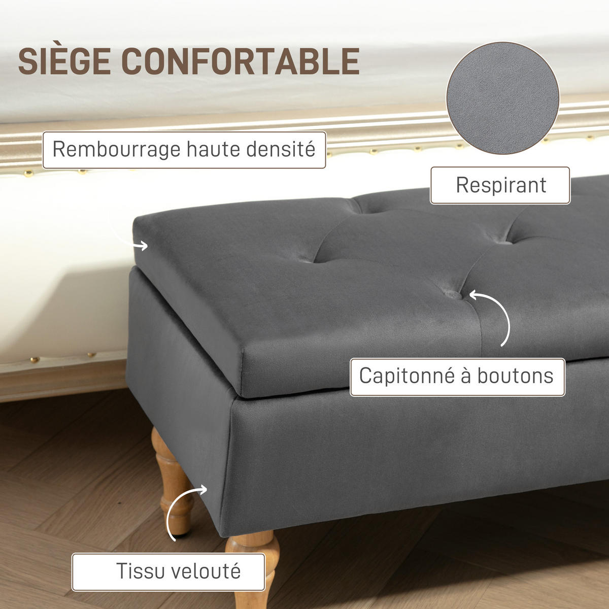 TRUHENBANK DE-16394 mit Klappdeckel und Knopfheftung Dunkelgrau - Dunkelgrau, Textil (102/41/38cm) - ComfortXL
