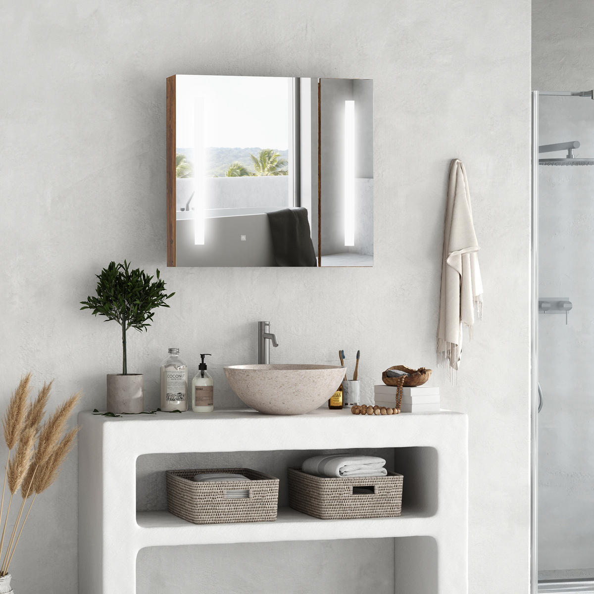 SPIEGELSCHRANK mit verstellbarer LED-Beleuchtung, 70 x 15 x 65 cm ,Braun - Braun, Glas (70/65/15cm) - Vallsero
