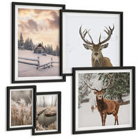 BILDER SET 5er Set - 50x50 cm & 20x30 cm & 40x60 cm Schwarzer Rahmen - Winterlandschaft mit Hirschen - Schwarz, Kunststoff (40/60cm) - TULUP