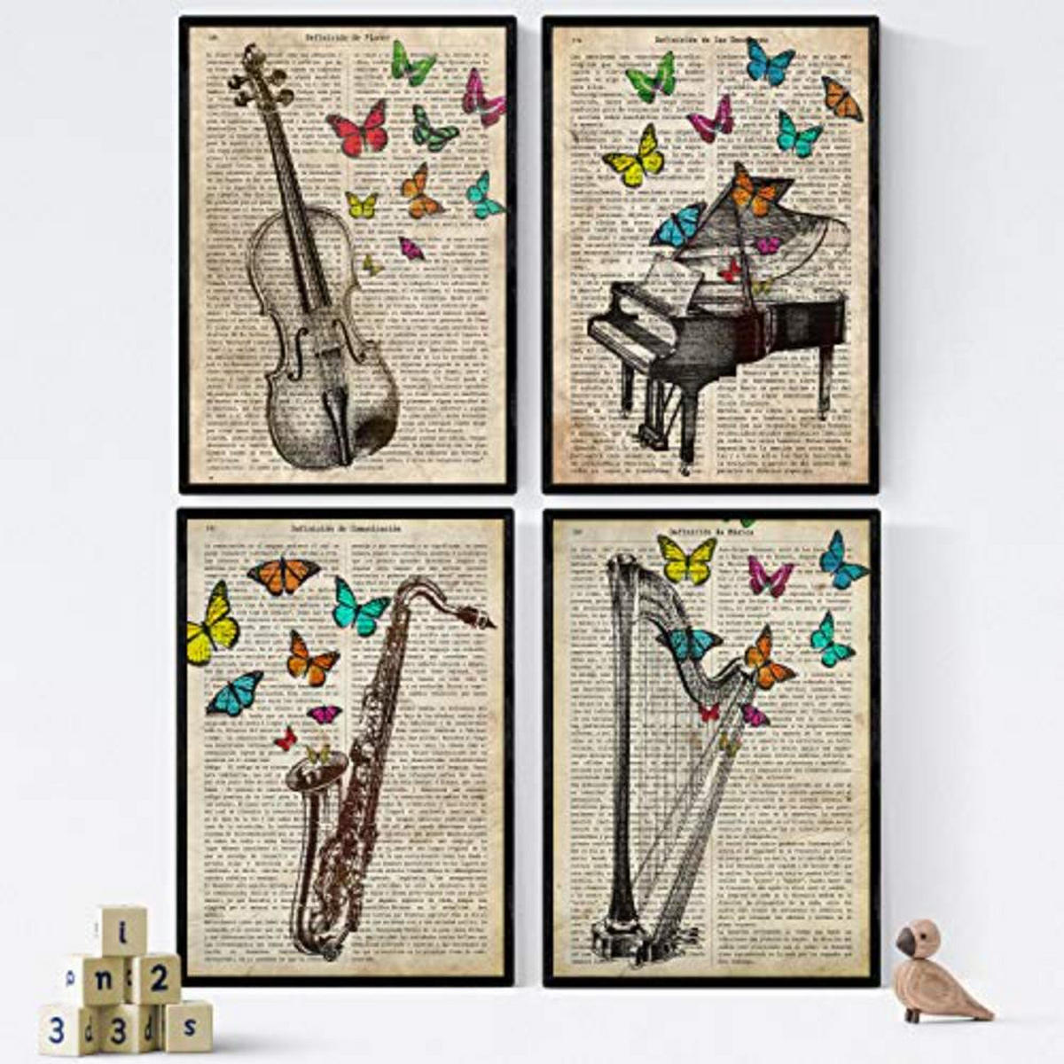 POSTER Set mit 4 Jahrgang MusicalesPiano, Arpa, Violin, Saxo A4 Rahmenlos - Klar, Papier (29.7/3cm) - Nacnic