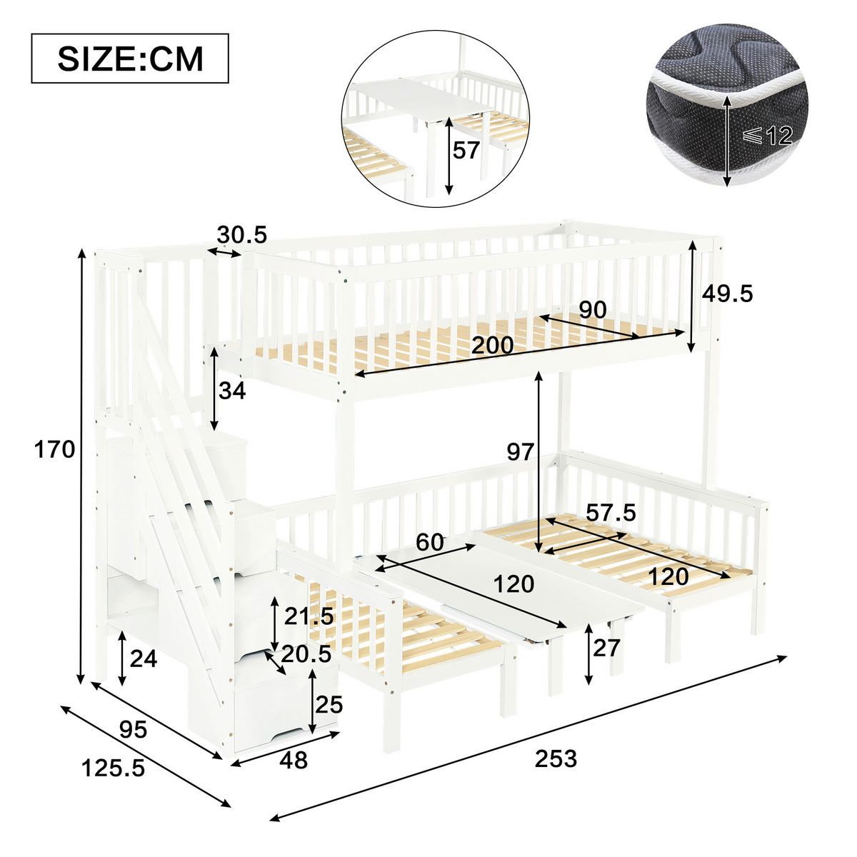ETAGENBETT 90/200 cm & 120/200 cm in Weiß Kinderbett mit Stauraumtreppe, Tisch und Sicherheitsgeländer - Weiß, Holzwerkstoff (90/200cm) - STILVORA