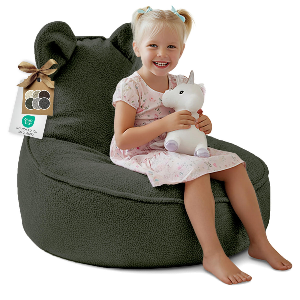 SITZSACK FÜR KINDER Maus 75/75/55 cm, weicher Bouclé 315 g/m², abnehmbarer Bezug, Forest Whisper - Dunkelgrün, Textil (75/55/75cm) - Dreamroots
