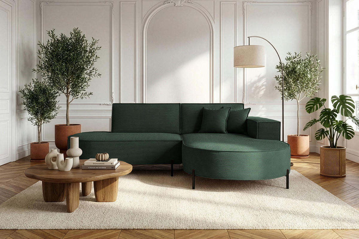 ECKSOFA Hana Loft 3-Sitzer Ecke Rechts, Cordstoff Chenille, Dunkelgrün 241/80/168 cm - Dunkelgrün/Schwarz, Textil/Metall (241/168cm) - WFL GROUP