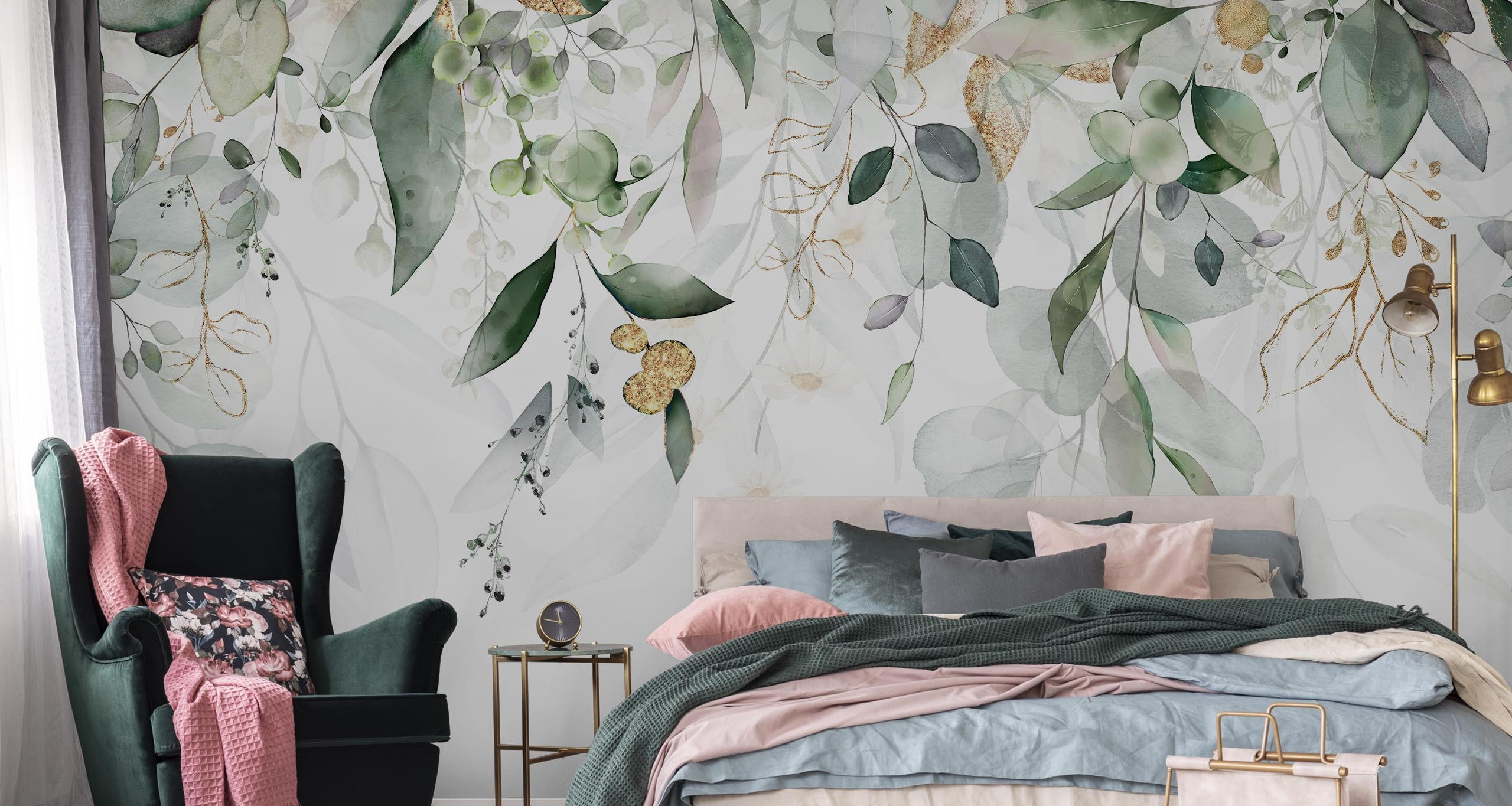 FOTOTAPETE Aquarell Blätter Pflanzen Natur für Schlafzimmer 90x60cm - Beige/Weiß, Papier (90/60cm) - Muralo