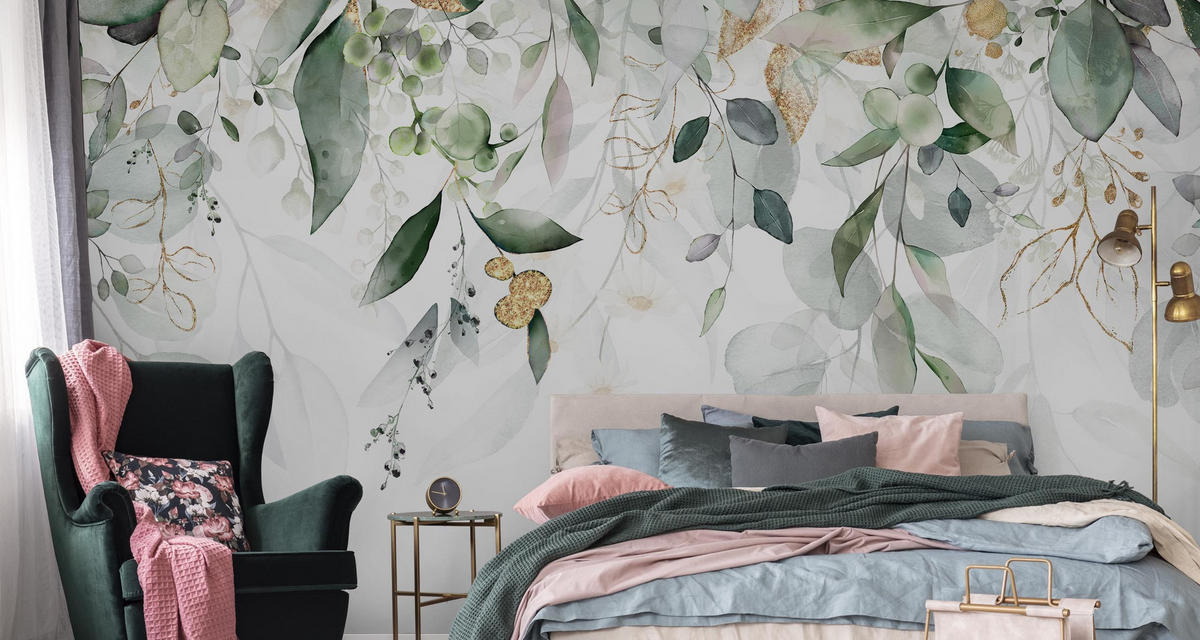 FOTOTAPETE Aquarell Blätter Pflanzen Natur für Schlafzimmer 450x300cm - Beige/Weiß, Papier (450/300cm) - Muralo