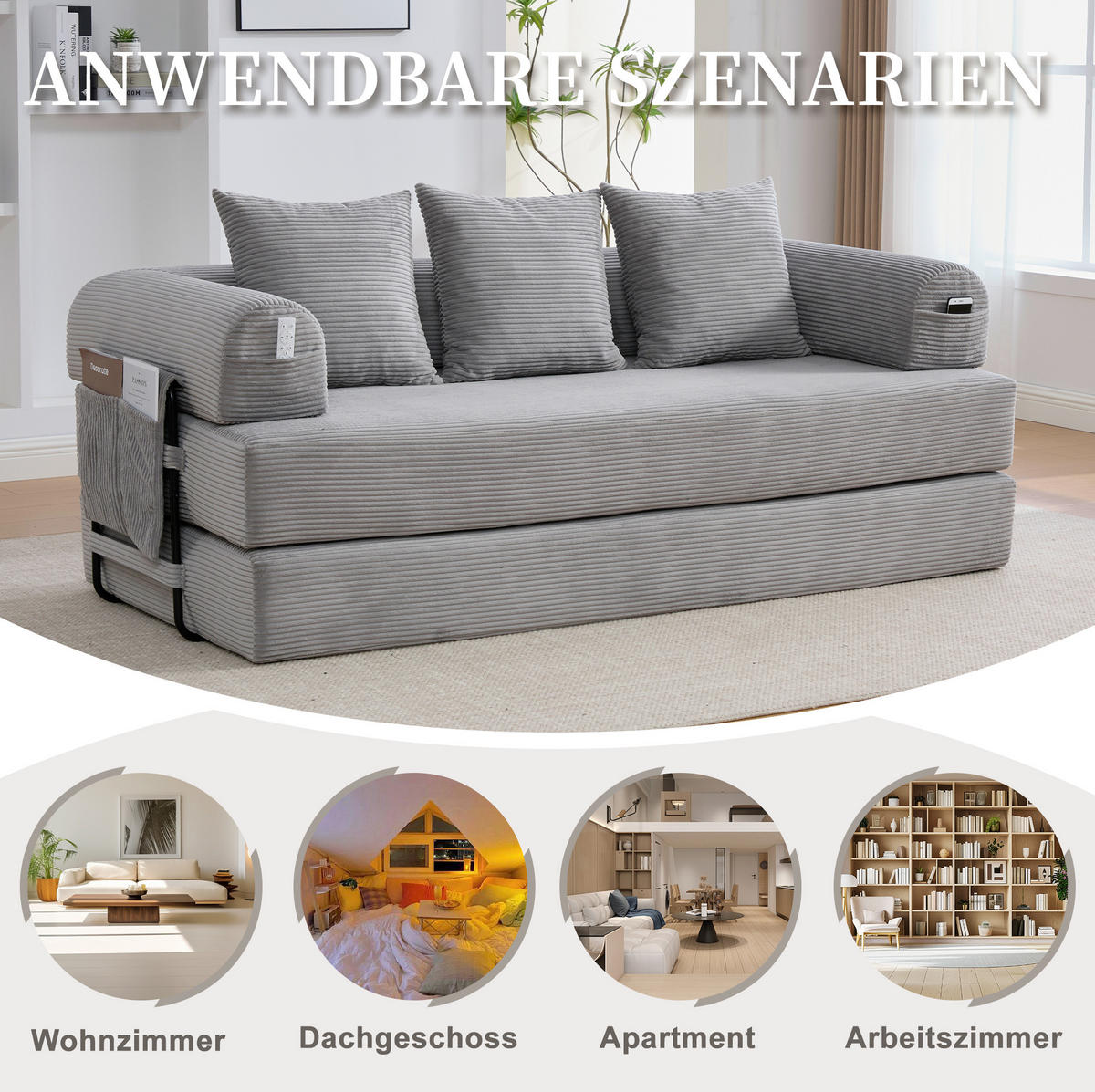 SOFA 200/190 cm in Hellgrau mit Seitentasche und 3 Kissen - Hellgrau, Textil (94/67/200cm) - Flora Grace