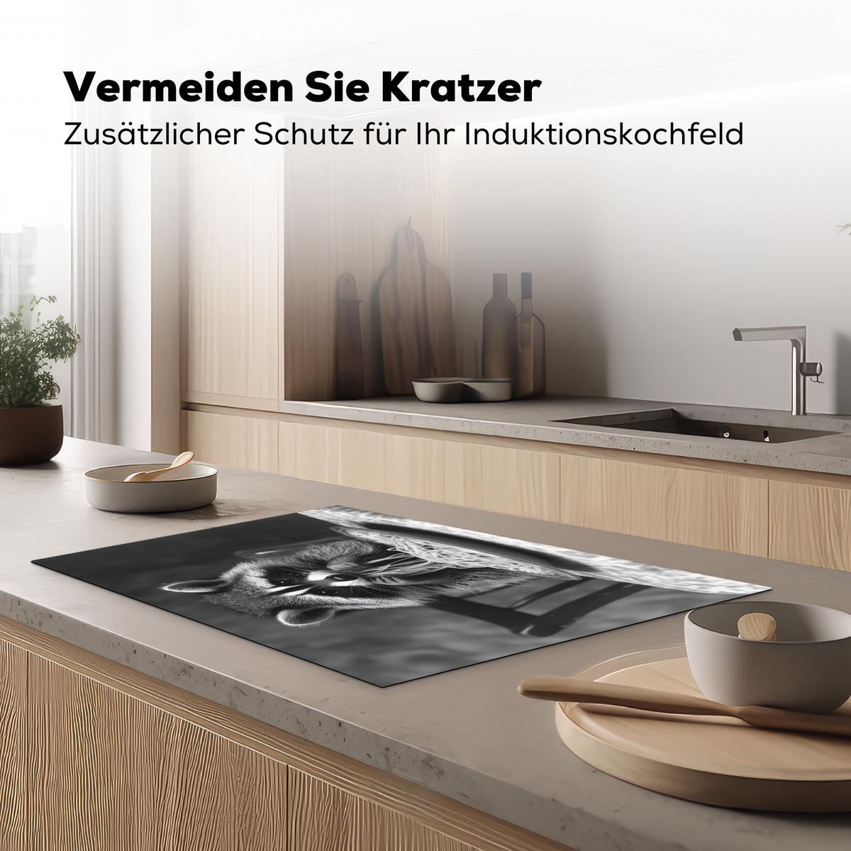 HERDABDECKPLATTE Waschbär - Niedlich - Pasta - Tischtuch - Schwarz - Weiß Induktionsmatte 81x52 cm - Grau, Kunststoff (81/52/0.2cm) - MuchoWow