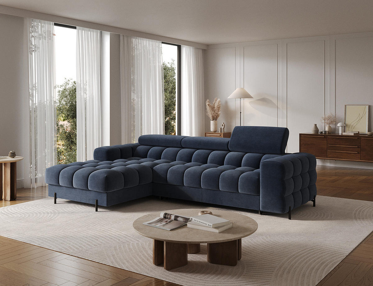 ECKSOFA FELRO mit Schlaffunktion, Bettkasten & verstellbaren Kopfstützen – Modernes Premium-Ecksofa in L-Form - Blau, Kunststoff (285/181cm) - Wohnideebilder