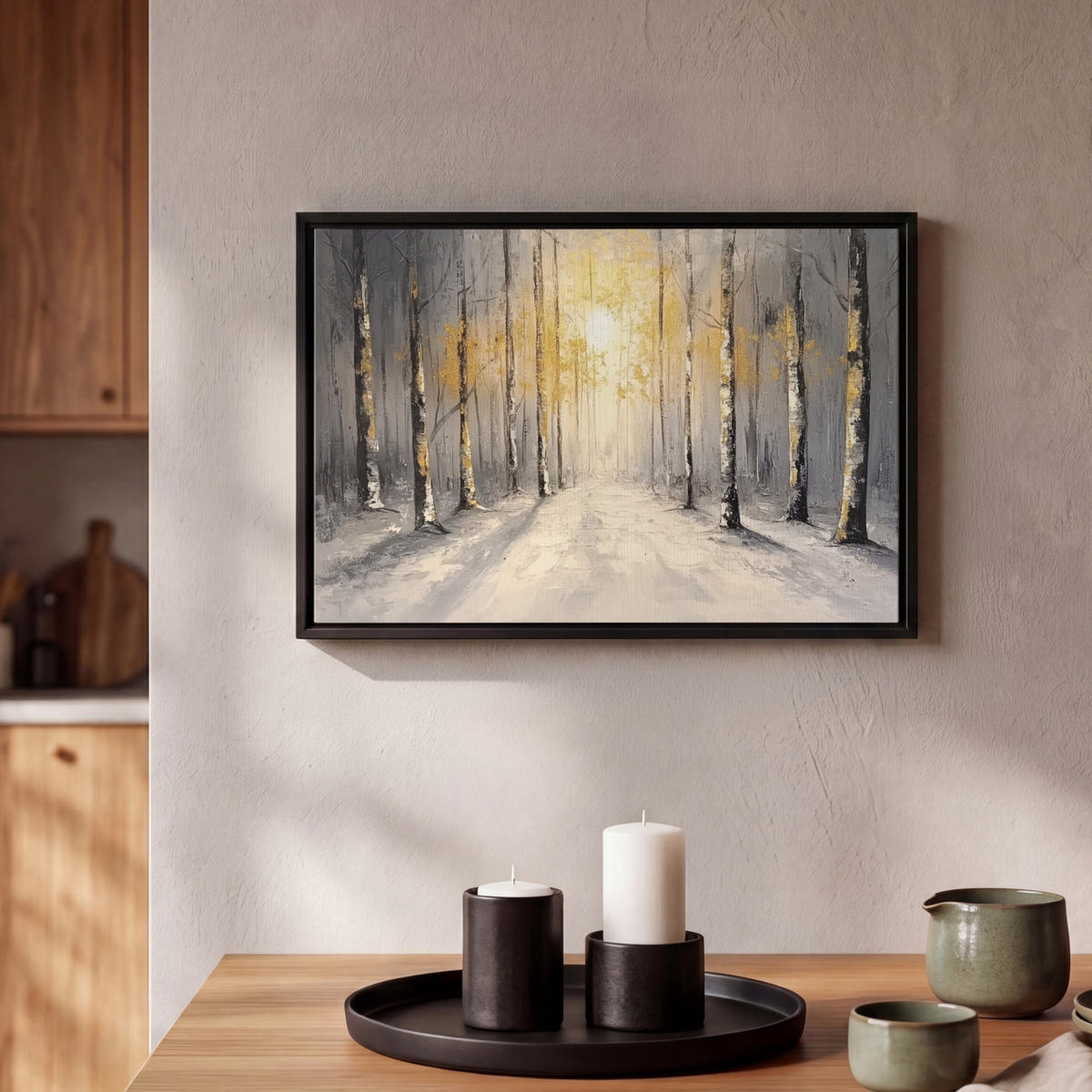 LEINWAND Bilder mit Rahmen - Winter - Abstrakt - Schnee - Natur - Sonne - 30x20 - Grau, Textil (30/20cm) - MuchoWow
