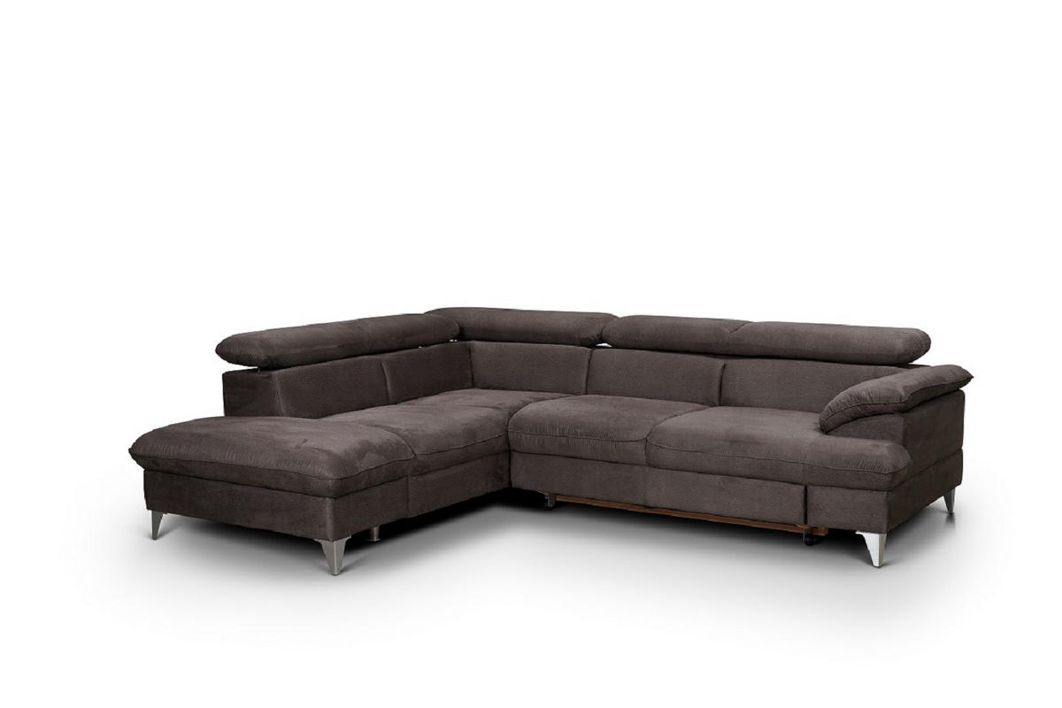 ECKSOFA mit Schlaffunktion und Bettkasten, verstellbare Kopfstützen - Chromfarben/Dunkelgrau, Textil/Metall (256/208cm) - Cotta